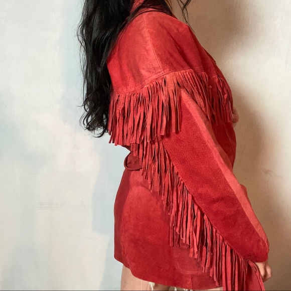 VINTAGE 100% LEATHER RED FRINGE SHORT TRENCH COAT - Picture 7 of 9